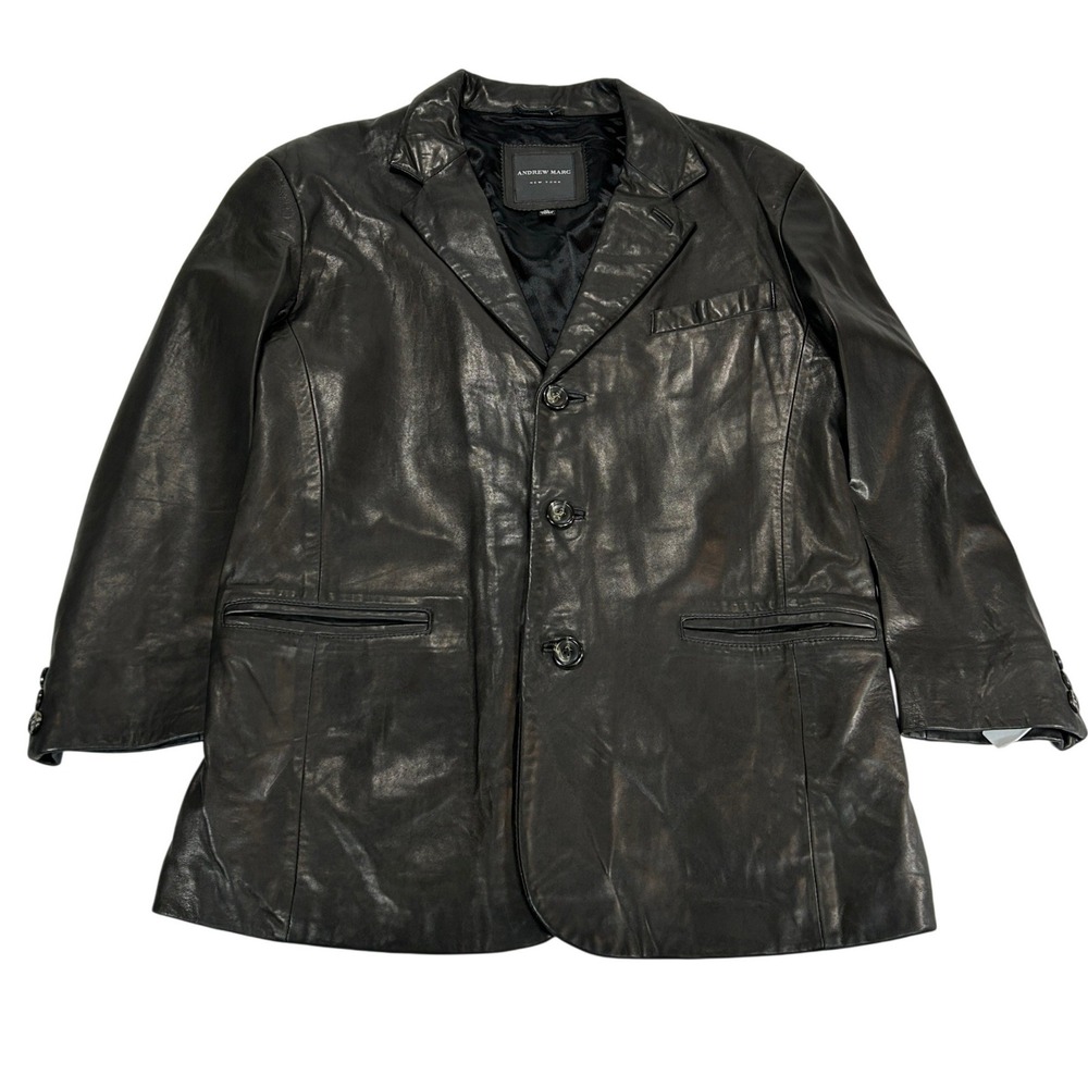 Andrew Marc New York Mens Black Genuine Leather 3 Button Blazer Jacket XL